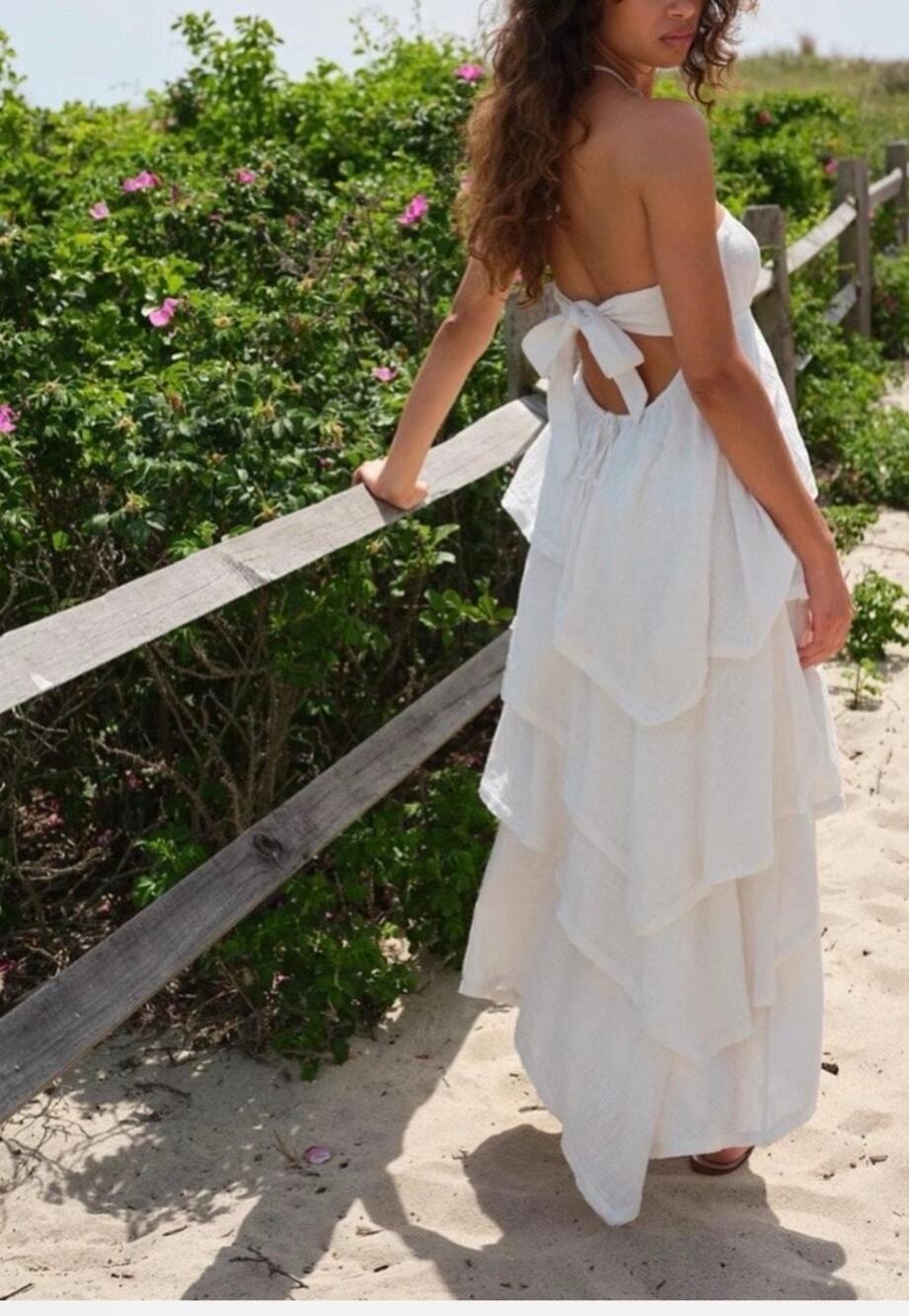 Free People Seraina White Tiered Strapless Gauze Boho Maxi Dress - M